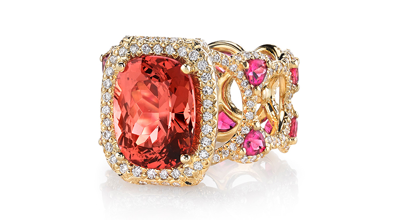 Erica Courtney’s “Sayeda” ring in 18-karat yellow gold with a 5.49-carat spinel accented with rubellite tourmalines and diamonds ($66,000)<br /><a href="http://www.ericacourtney.com/" target="_blank">EricaCourtney.com</a>