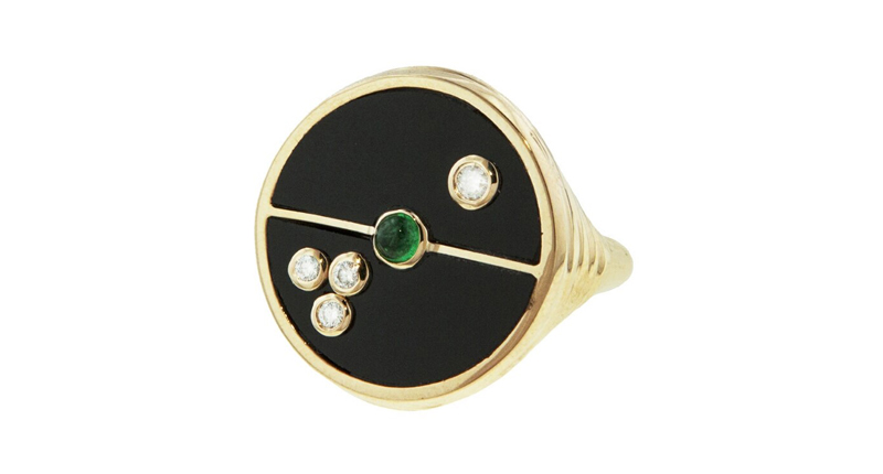 <a href="https://www.retrouvai.com/" target="_blank" rel="noopener noreferrer">Retrouvai</a> Compass signet ring with onyx, diamonds and an emerald in 14-karat yellow gold ($2,275)