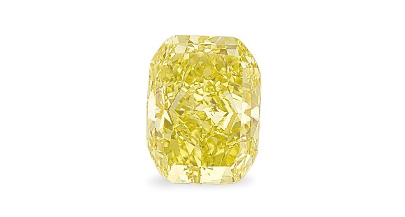 This ring is set with a round-cornered rectangular modified brilliant-cut fancy vivid yellow diamond of VVS1 clarity weighing approximately 54.62 carats. It garnered $2.5 million, at the high end of its pre-sale estimate.
