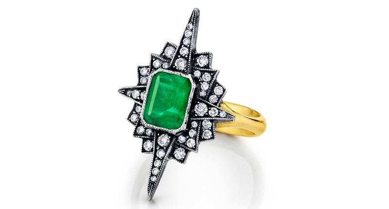 <a href="https://www.armansarkisyan.com" target="_blank" rel="noopener">Arman Sarkisyan</a> 22-karat yellow gold and silver emerald Starburst ring with diamonds ($5,250)