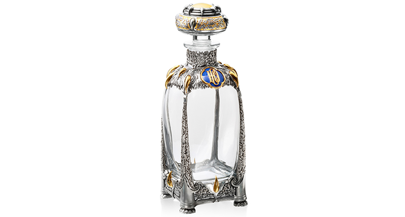 <strong>Second place in Jewelry $5,001 to $10,000.</strong> Designed by Irina Orshansky of Bella Fine Jewelry in Guilderland, New York. A decanter made with silver, 22-karat yellow gold plated, gilding, glass and enamel, featuring the owner’s monogram.