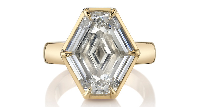 Single Stone caters to a fashion-conscious bride. Like most women, she wants a clean, streamlined look but in yellow gold and with a unique element, like an interesting diamond cut. Here, Single Stone’s “Odette” ring in 18-karat yellow gold with 6.02-carat hexagonal step-cut diamond ($99,000).