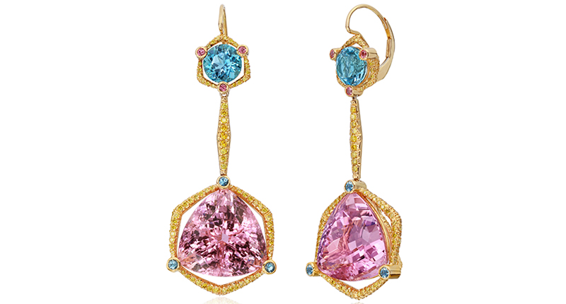 <strong>First place in Jewelry $10,001 & Over.</strong> Designed by Ricardo Basta of Ricardo Basta Fine Jewelry in Los Angeles. A pair of 18-karat yellow gold earrings with two trillion-cut pink tourmalines (weighing 35.49 total carats), two round faceted aquamarines (3.22 total carat weight), 372 round brilliant-cut fancy intense yellow diamonds (1.55 total carats), six round faceted pink sapphires weighing 0.16 carats total and six round faceted aquamarines weighing 0.22 total carats.