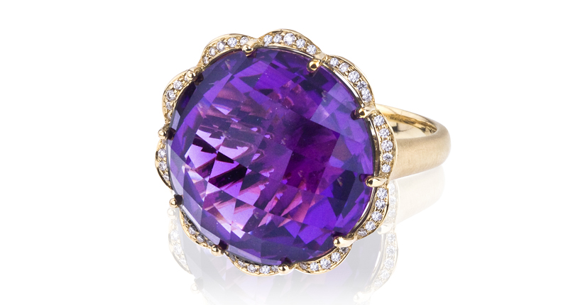 <p><a href="http://www.carelle.com" target="_blank" rel="noopener">Carelle</a> “After Dark” amethyst and diamond petal ring in 18-karat yellow gold featuring an 18.10 carat amethyst ($3,800) </p>