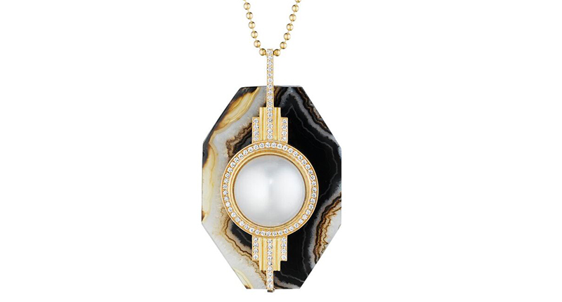 Doryn Wallach Jewelry’s “Octagon Agate” pendant is made in a finely ribbed 18-karat satin yellow gold with white pavé-set diamonds and a South Sea Pearl on a black marbled agate octagon ($10,750). <br /><a href="http://www.dorynwallach.com/" target="_blank">DorynWallach.com</a>