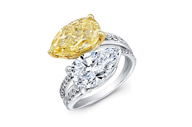 “Bypass” ring by Norman Silverman in platinum and 18-karat yellow gold with a 3.78-carat yellow diamond, 3.01-carat white diamond and diamond pavé ($153,700) <a target="_blank" href="http://normansilverman.com/"><span style="color: #ff0000;">NormanSilvermanDiamonds.com</span></a>