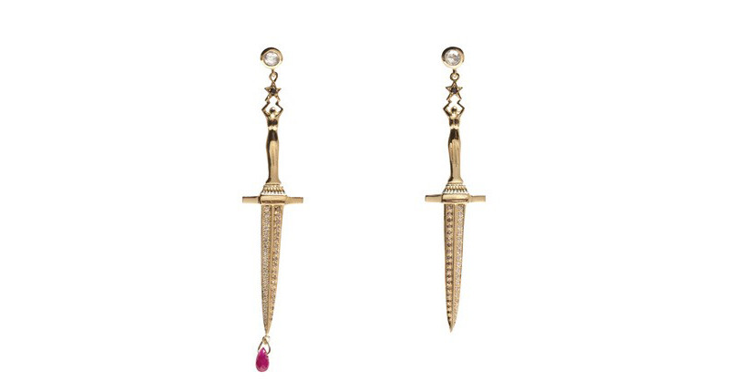 <a href="https://www.pamelalove.com/products/dagger-earrings-yellow-gold-diamond-ruby" target="_blank" rel="noopener">Pamela Love</a> 18-karat yellow gold Dagger earrings with diamonds and rubies ($3,800)