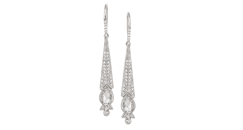 Just Jules’s 14-karat white gold Art Deco-inspired dramatic earrings feature white rose-cut pear-shaped diamonds and full-cut diamond pavé ($5,900). <a href="http://www.justjules.com/" target="_blank">JustJules.com</a>