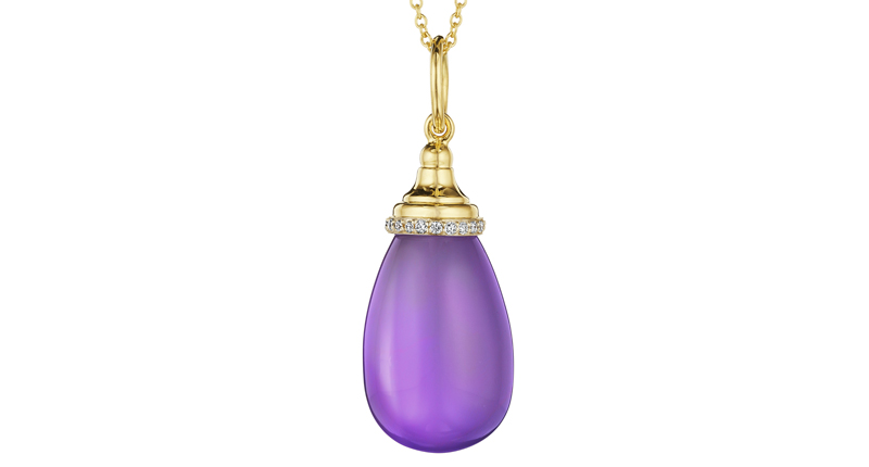 <p><a href="http://www.synajewels.com" target="_blank" rel="noopener">Syna Jewels</a> amethyst drop pendant with diamond trim set in 18-karat yellow gold on 18-inch chain ($2,250) </p>