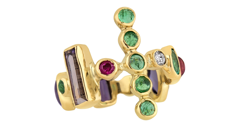 Elena Votsi’s 18-karat yellow gold ring with Gemfields emeralds, ruby, amethyst and garnets ($7,900)<br /><a href="http://elenavotsi.com/" target="_blank" rel="noopener noreferrer">ElenaVotsi.com</a>