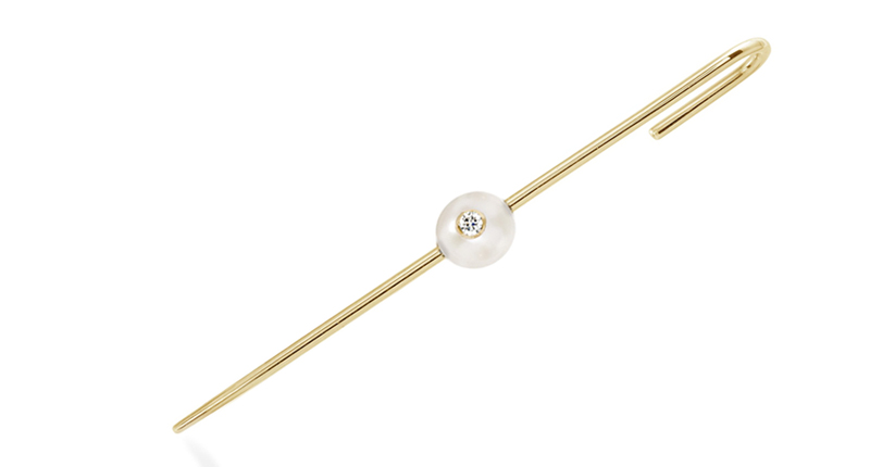 <a href="https://katkimfinejewelry.com/shop/floating-pearl-ear-pin" target="_blank" rel="noopener noreferrer">KatKim</a> floating pearl ear pin in 18-karat yellow gold with 6 mm cultured pearl embellished with a diamond ($720)