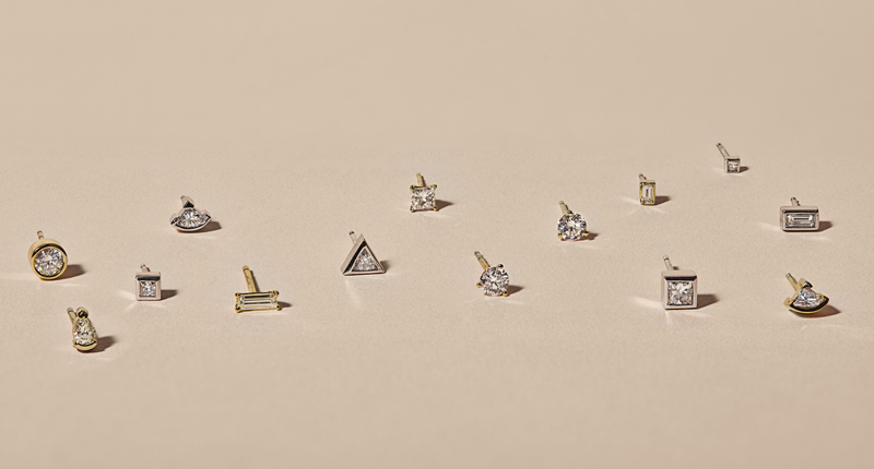 Diamond stud earrings are sold as singles, starting at $65, and can also be purchased as a pair. 