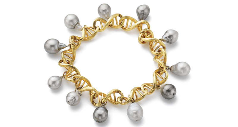 <a href="http://www.kbrunini.com" target="_blank" rel="noopener noreferrer">K. Brunini</a> DNA bracelet in 18-karat yellow gold with Tahitian pearls ($21,350)
