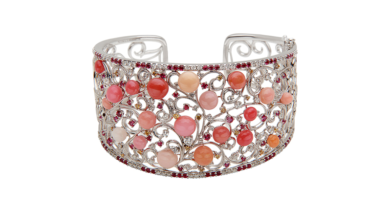 This bracelet from Tara Pearls features 20 pieces of natural conch pearls weighing 23.60 total carats, 1.27 carats of rubies, 0.42 carats of fancy diamonds and 2.62 carats of white diamonds, all set in 18-karat white gold ($79,485).