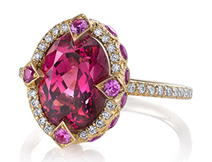Erica Courtney’s 18-karat yellow gold “Duchess” ring set with a 4.31-carat pink spinel accented with pink sapphires and diamonds ($27,200)