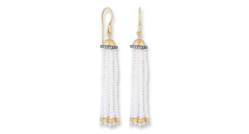 <a href="http://www.likabehar.com" target="_blank" rel="noopener noreferrer">Lika Behar</a> 24-karat gold dome and oxidized silver Domus tassel earrings with diamonds and 12 strands of pearl beads on 22-karat gold earwires ($2,640)