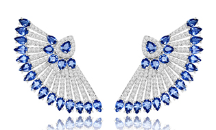 From Sutra’s Fan collection, these earrings feature 10 carats of sapphires and 2.5 carats of diamonds made in 18-karat white gold ($18,000).