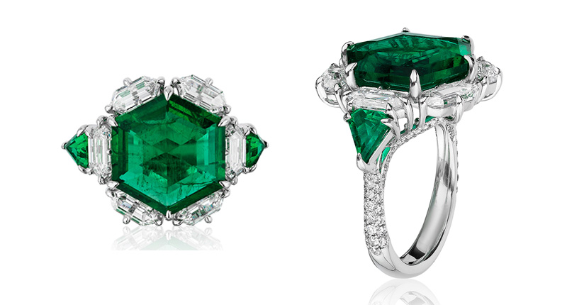 <strong>Best Use of Platinum Crown.</strong> Heena Shah of Valani’s platinum “Nova” ring featuring a 7.17-carat hexagonal emerald accented with kite-shaped emeralds (0.98 total carats) and diamonds (2.63 total carats)