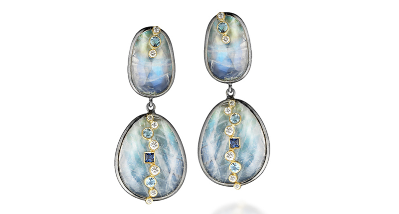 Zaiken Jewelry’s one-of-a-kind “Throwing Stones” earrings in 18-karat gold and blackened silver with rainbow moonstone topped with diamonds, sapphires and aquamarines ($3,850). <a href="http://www.zaikenjewelry.com/" target="_blank">ZaikenJewelry.com</a>