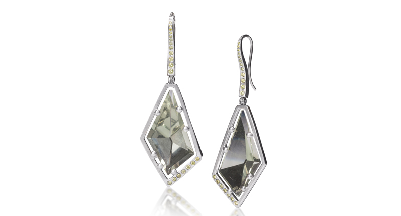“Gem Link” earrings from Elizabeth Garvin Fine in 950 palladium with “floating” green amethyst gems and flush-set with green color-treated diamonds and 18-karat gold ear wires ($4,440) <a href="http://egfny.com/" target="_blank">egfny.com</a>