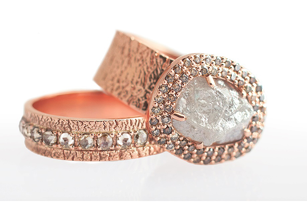 Susan Wheeler’s 18-karat recycled rose gold and conflict-free diamond wedding set features a rough diamond center with pavé-set champagne diamonds. <a href="http://www.susanwheelerdesign.com/" target="_blank"><span style="color: rgb(255, 0, 0);">susanwheelerdesign.com</span></a>