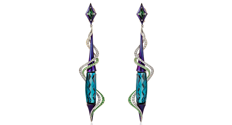 <strong>Fashion Forward.</strong> Adam Neeley of Adam Neeley Fine Art Jewelry’s purple titanium, 14-karat white gold and green VeraGold “Aria” earrings featuring indicolite tourmaline (41.45 total carats) accented with tsavorite garnets (3.34 total carats) and diamonds (2.42 total carats)
