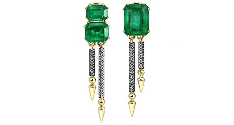 <a href="http://www.sarahhendler.com/" target="_blank" rel="noopener noreferrer">Sarah Hendler’s</a> double drop Shirley earrings with 13.27 carats of Gemfields Zambian emeralds and diamonds in 18-karat yellow gold with diamonds ($14,500)