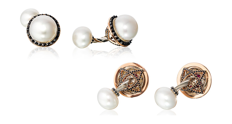 <strong>Best Use of Pearls.</strong> Chris Faber of Stuller Inc.’s 18-karat rose and white gold cufflinks featuring 12 to 15 mm South Sea cultured pearls accented with black diamonds (5.69 total carats) and rubies