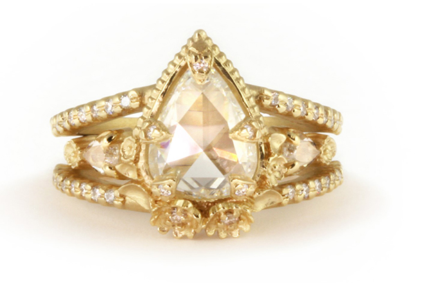 This limited edition engagement ring by Megan Thorne is set in 18-karat yellow gold with a 1.71-carat pear-shaped rose-cut diamond center and a matching band with rose-cut diamond sides ($21,601). <a target="_blank" href="http://www.meganthorne.com/"><span style="color: #ff0000;">meganthorne.com</span></a>