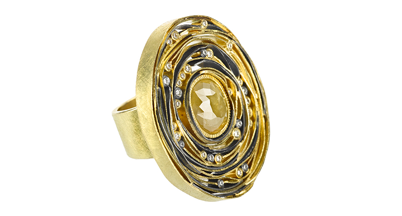 A Todd Reed ring in 18-karat yellow gold and sterling silver with patina, a fancy-cut diamond and white brilliants ($29,865) <a href="http://toddreed.com/" target="_blank">ToddReed.com</a>
