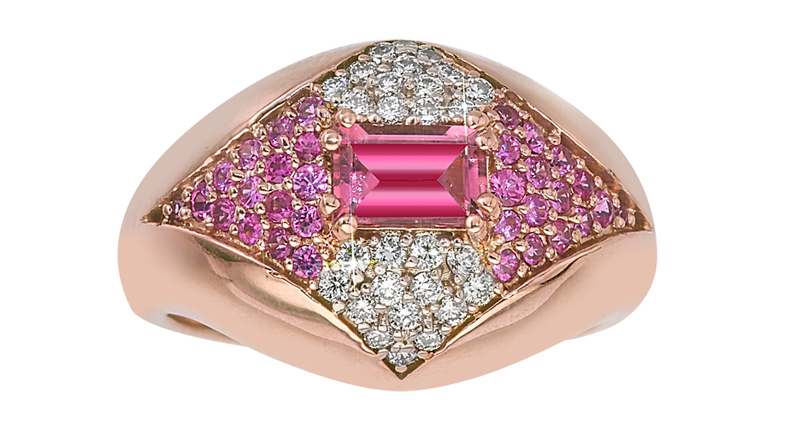 GiGi Ferranti “Regalo” 14-karat rose gold domed ring with diamonds, pink sapphires and tourmaline ($3,200) <a href="http://gigiferrantijewelry.com/products/regalo-domed-ring-in-14k-rose-gold-with-diamonds-sapphires-and-tourmaline.html" target="_blank">gigiferrantijewelry.com</a>