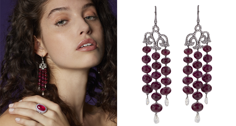 The ruby and diamond chandelier earrings ($139,000) and ruby and lavender jade ring ($74,000) shown here are two of 30 pieces launching today on ModaOperandi.com as part of the Martin Katz online trunk show. (Image courtesy of Moda Operandi)