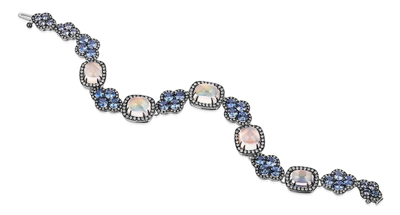 <strong>Bridal Wear, First Place.</strong> Bella Campbell of Campbellian Collection/BHI’s 18-karat white gold bracelet featuring rainbow moonstones (20.0 total carats), blue sapphires (2.0 total carats) and diamonds (2.51 total carats)
