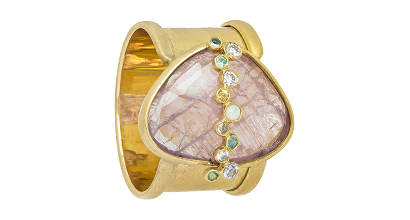 Another in the line, Zaiken Jewelry’s one-of-a-kind “Throwing Stones” ring in 18-karat gold with sapphire, diamonds, Paraiba tourmaline and opal ($4,455) <a href="http://www.zaikenjewelry.com/" target="_blank">ZaikenJewelry.com</a>