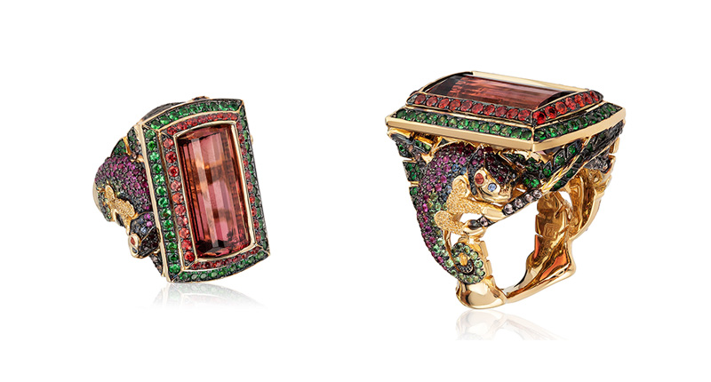 <strong>Business/Day Wear, First Place.</strong> Ricardo Basta of E. Eichberg Inc.’s 18-karat yellow gold “Karma Chameleon” ring featuring a 15.27-carat barrel facet-top tourmaline accented with sapphires (1.58 total carats), tsavorite garnets (1.46 total carats), rubies (0.28 total carats) and spessartite garnets (0.02 total carats)
