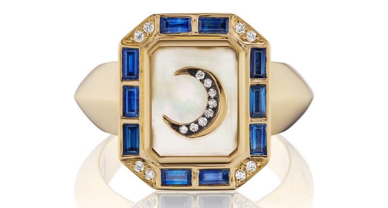 “La Luna Ring” in 18-karat yellow gold with mother-of-pearl, sapphire and diamonds ($4,200)
