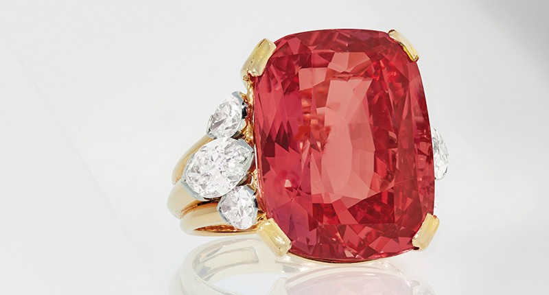 The Du Pont padparadscha sapphire was acquired by the current owner’s great-grandmother while on holiday in Ceylon in 1937, according to Christie’s. The 24.58-carat cushion modified mixed-cut orangey-pink sapphire, set in a gold and platinum ring with diamonds, sold for $930,000 at Christie’s Tuesday.