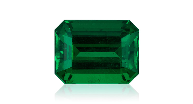 <strong>Classic Gemstone, First Place.</strong> David Nassi of 100% Natural Ltd.’s 7.34-carat untreated emerald-cut Zambian emerald
