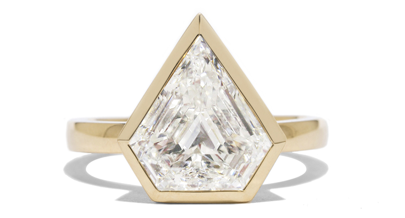 Azlee’s 18-karat yellow gold custom engagement ring with 2.04-carat, F+ color shield-shaped diamond (price available upon request)<br /><a href="http://azleejewelry.com/" target="_blank" rel="noopener noreferrer">AzleeJewelry.com</a>