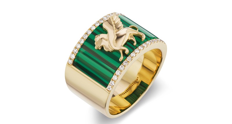 “Il Leone Cigar Band” in 18-karat yellow gold with malachite and diamonds ($3,800)
