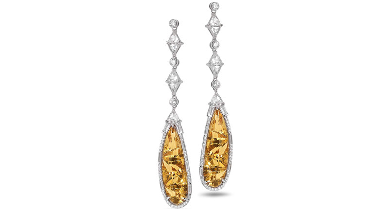 <a href="https://www.coomi.com" target="_blank" rel="noopener">Coomi Trinity</a> one-of-a-kind modern 18-karat white gold earrings with natural citrine and diamonds ($56,000)