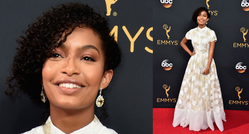 Yara Shahidi in platinum, yellow sapphire and white diamond earrings by Shaftel Diamond Co. and a bracelet by EF Collection