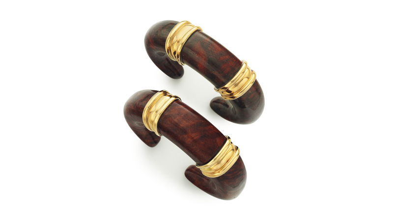 Verdura wood and gold cuff bracelets sold for $11,250.<br /><em>Image courtesy of Christie’s Images Ltd. 2016</em>