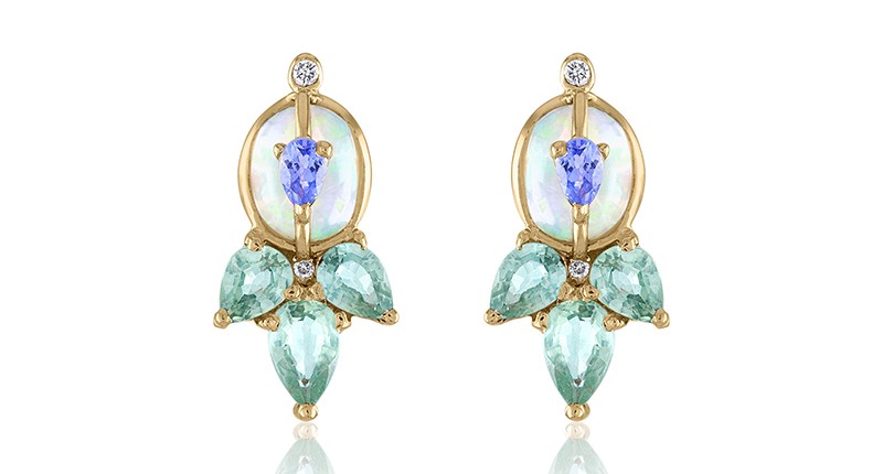 <strong>First place in jewelry up to $2,000, supplier:</strong> Designed by Lori Friedman of Loriann Jewelry in Westport, Connecticut. A pair of stud earrings with Ethiopian opal layered with tanzanite, green sapphires and diamonds set in 14-karat gold