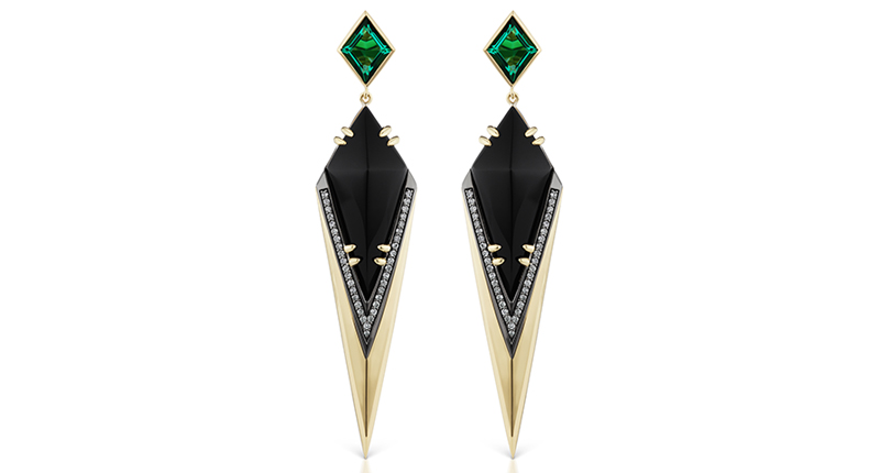 Sorellina’s Axl Pelle Freccia earrings, with black onyx, green quartz and diamonds set in 18-karat yellow gold and black rhodium silver ($7,500)