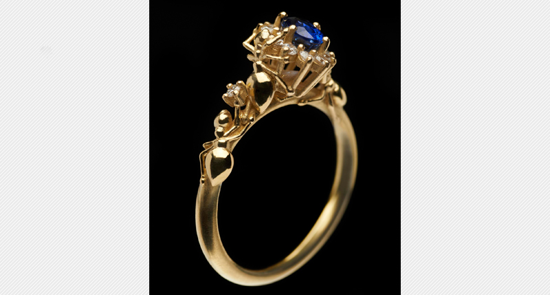 “In my ‘Thieves’ collection, which I am showing at Rock Vault, traditional forms are given a surreal twist, as tiny criminal golden ants threaten to dismantle the jewelry and run away with the gems,” Frances Wadsworth Jones said.