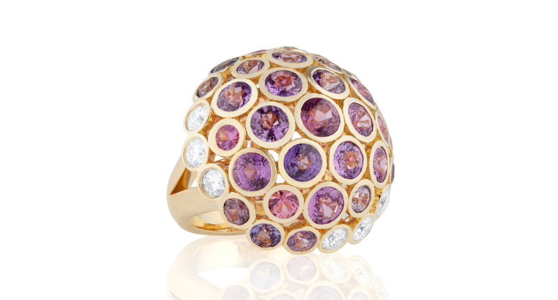 The “Disco Dots” mushroom ring from <a href="http://www.carelle.com/disco-dots" target="_blank" rel="noopener noreferrer">Carelle</a> features multi-colored sapphires and diamonds set in 18-karat yellow gold ($15,750)
