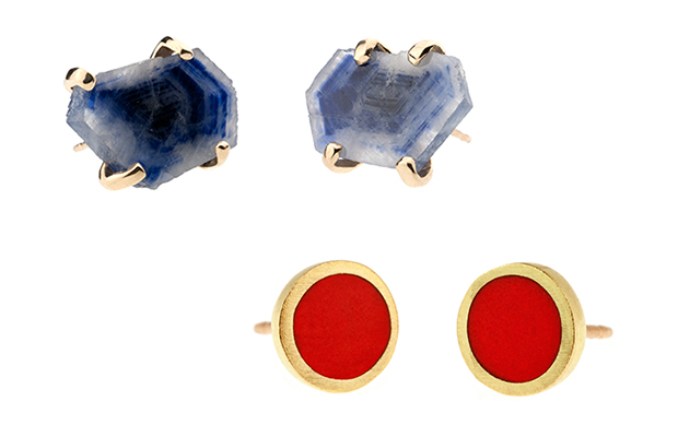 These sapphire slice earrings are set into a 14-karat yellow gold prong setting ($698); the “Senna” studs are made with red enamel and are available in sterling silver ($135) or 18-karat yellow gold ($395). 