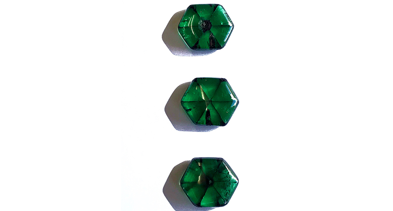 These three trapiche emeralds from Evan Caplan weigh 85.50 total carats.