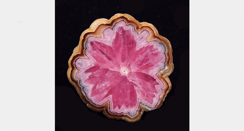 This trapiche rhodochrosite from the Capillitas Mine in Catamarca, Argentina, is 30 mm across and weighs 35 carats. It was likely mined in the 1960s, gem and mineral dealer <a href="http://www.russbehnke.com/" target="_blank" rel="noopener noreferrer">Russ Behnke</a> said.